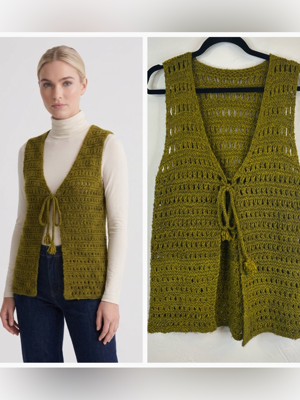 Vintage Handmade Olive Green Crochet Knit Vest One Size Cottagecore Prairie L/XL